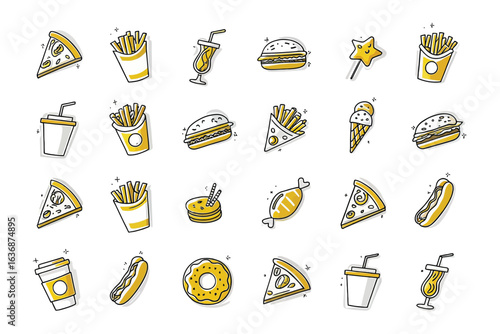 Tasty Treats: A collection of hand-drawn, mouthwatering fast-food icons, showcasing a vibrant assortment of burgers, fries, pizza, and beverages. A perfect graphic resource for culinary themes.
