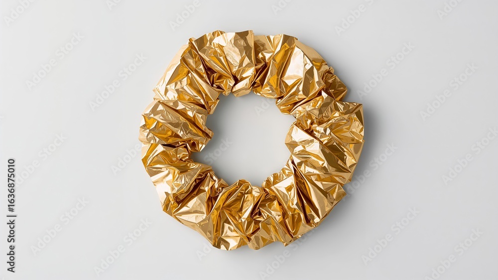 Obraz premium Golden Foil Wreath Ornament on White Background, Festive Decoration For Holidays.