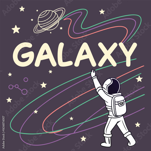 Galaxy-inspired hand-drawn letters with cosmic swirl flourishes deep space colors and glowing stars sci-fi t-shirt graphic vector illustration of a dancing man