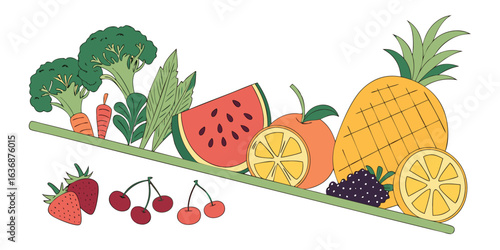 Assortment of Fresh Fruits and Vegetables Balanced on a Green Plank healthy food