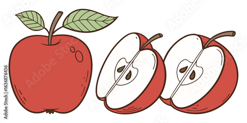 Red Apple with Two Halved Apples Showing Seeds and Core fruit whole apple