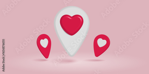 Three love-themed location pins of varying sizes on a soft pink background. The largest pin is white with a red heart, and the two smaller pins are red with a white heart. Art & Illustration.