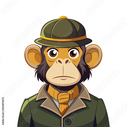 Curious Monkey Dressed as Sherlock Holmes Detective in Hat and Coat Holding Magnifying Glass – Funny Animal Character Vector Art