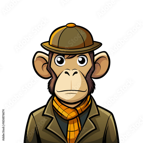 Curious Monkey Dressed as Sherlock Holmes Detective in Hat and Coat Holding Magnifying Glass – Funny Animal Character Vector Art