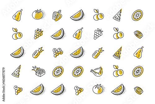 Fresh Fruit Assortment: A vibrant assortment of fresh fruits, each meticulously outlined, presented in a visually appealing and artistic way, representing healthy lifestyle and a dietary essential.