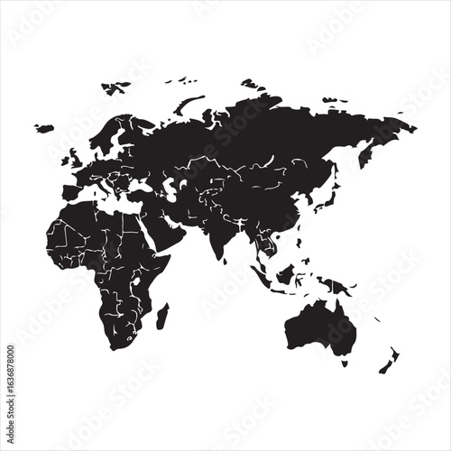 Black silhouette of world map continents and countries vector