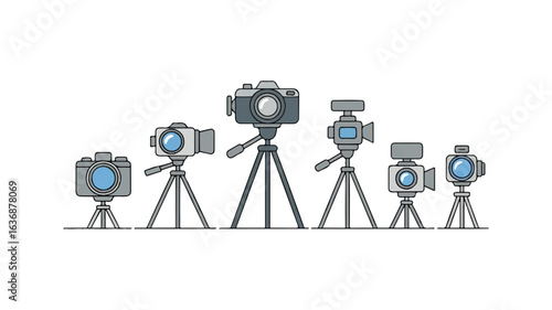Various Cameras on Tripods Photography Equipment Illustration on White Background Studio Devices Ready to Shoot