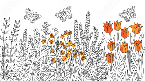 Whimsical Floral Garden Illustration with Butterflies and Tulips Coloring Page Design for Children and Adults Relaxation