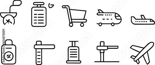 Airport travel icon set, airplane luggage gate symbols, no liquids clock cart, black vector clipart, boarding flight graphic