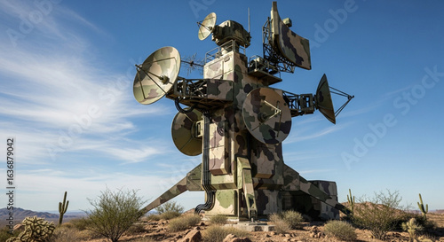 military antenna rises against twilight, scanning silent horizons with precise metallic arcs and unwavering digital vigilance.
