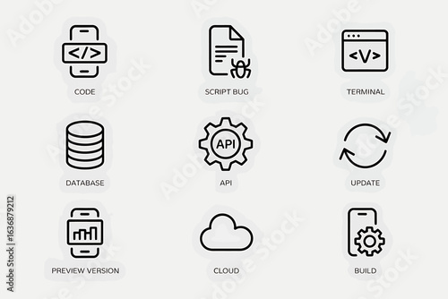 Collection of Software Development Icons Including Code Database API Cloud and Build Concepts For Developers and Programmers