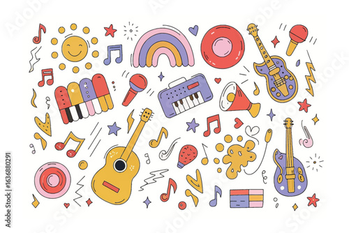 Melody of Joy: A vibrant illustration of a musical melody is painted, featuring an array of musical instruments and symbols. The artwork captures the essence of music and its cheerful vibe.