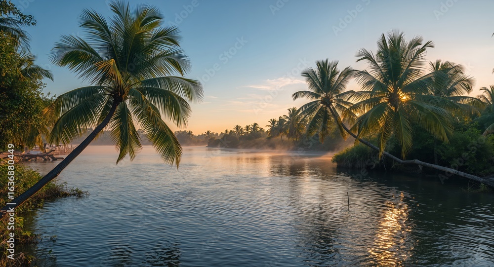 Obraz premium Tropical River at Sunrise, Palm Trees and Mist Create a Serene Landscape.