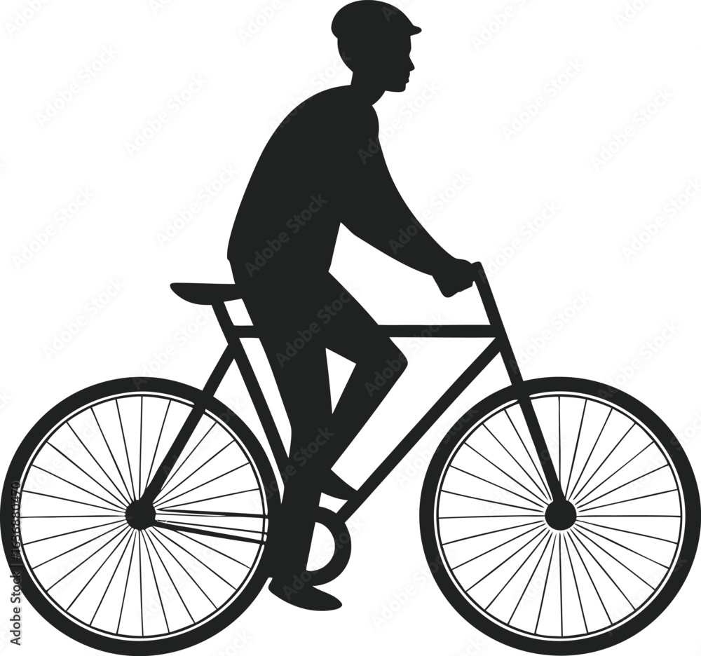 Obraz premium Black silhouette of a person wearing a cap riding a bicycle on a white background