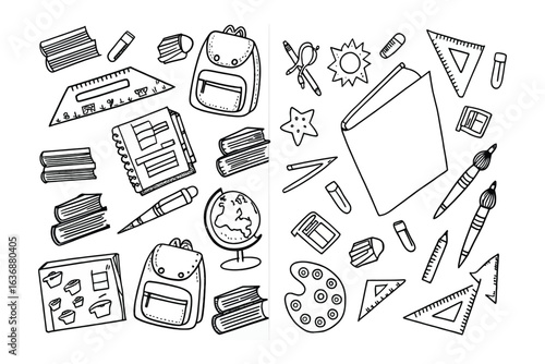 Back to School Doodle: A playful illustration of essential school supplies, perfect for designs related to education and learning.