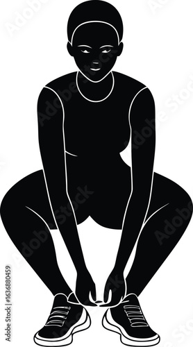 Black silhouette of a person tying shoelaces on sneakers while crouching white