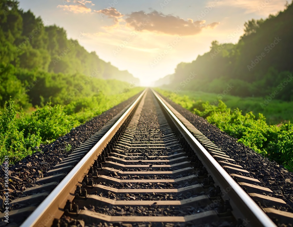 Fototapeta premium Railway tracks leading to sunset through lush forest