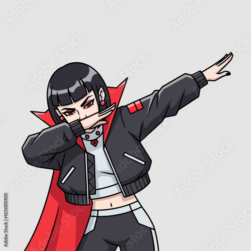 Animated character dabbing in a stylish outfit against gray background  