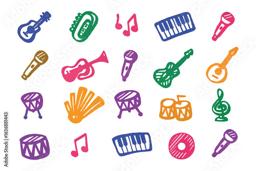 Melodic Doodle Symphony: A vibrant collection of musical instruments. from guitars to pianos, drums and more. each a colourful doodle, celebrating music and rhythm.