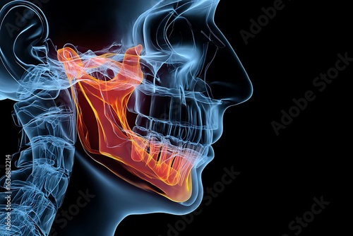 3d rendering of the human jaw bone anatomy, highlighting the mandible, maxilla, and temporomandibular joint for medical use