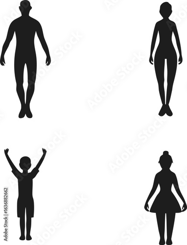 Four black human silhouettes including adult male female child and girl people