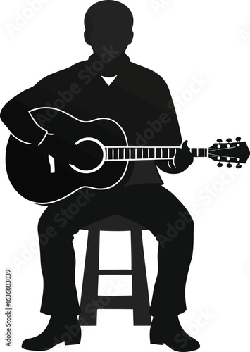 Silhouette of a person playing an acoustic guitar while sitting on a stool guitar player