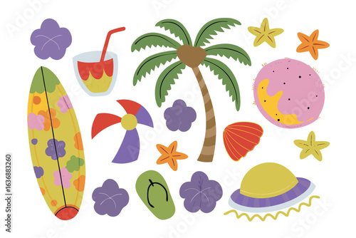 Tropical Vacation Delights: A vibrant assortment of iconic elements, a surfboard, palm tree, seashell, starfish, beach, hat, a delightful ensemble that captures the essence of relaxation.