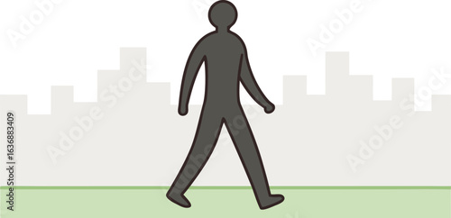 Simple dark gray silhouette of a person walking with a light gray cityscape background and green grass foreground
