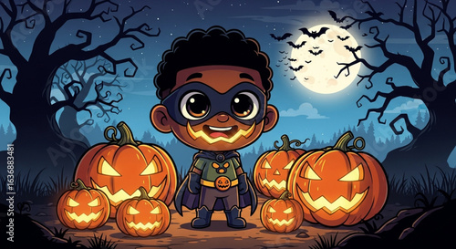 Dark-skinned boy becomes legendary samurai for Halloween, wielding glowing katana beneath rising-sun mask and crimson armor.

