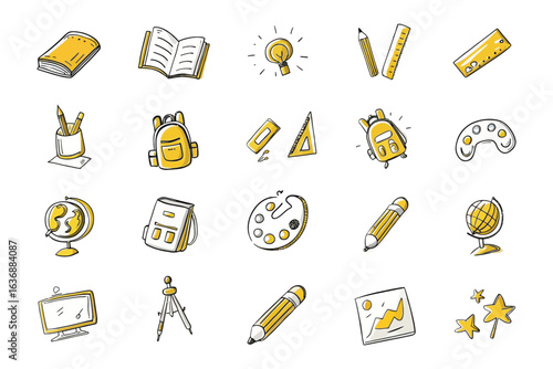 Iconic School Essentials: A collection of stylized illustrations featuring an array of school supplies, ideal for educational or learning-themed projects.