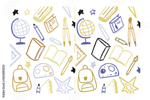 School Supplies Pattern: A whimsical and colorful repeat pattern featuring essential school supplies, offering a playful and educational aesthetic. 
