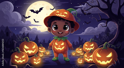 Dark-skinned boy becomes legendary samurai for Halloween, wielding glowing katana beneath rising-sun mask and crimson armor.
