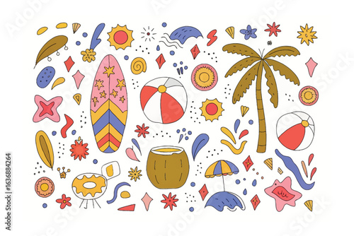 Summer fun: A playful assortment of hand-drawn summer elements, evoking a feeling of carefree joy and leisure. Perfect for designs celebrating the season and its cheerful spirit.
