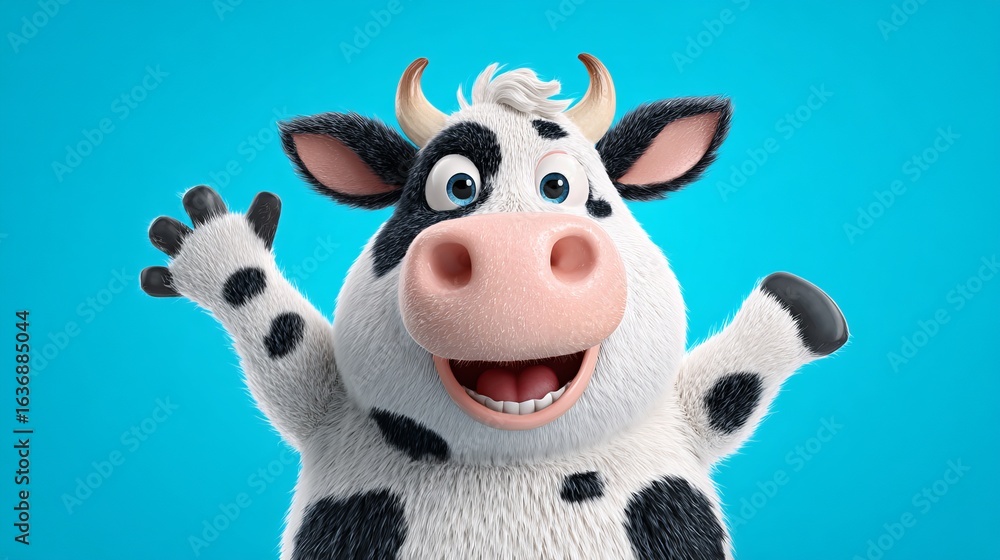 Naklejka premium Delightful cartoon cow waving hello with a friendly smile against a vibrant blue background