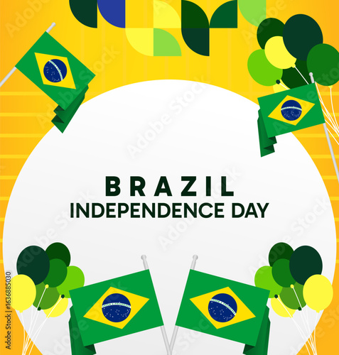 Brazil National Independence Day post template. Modern geometric abstract background in flag colors for Brazil Day, September 7th. Brazil Independence Day greeting card cover with flag and geometric