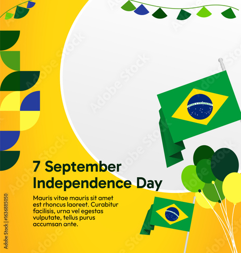 Brazil National Independence Day post template. Modern geometric abstract background in flag colors for Brazil Day, September 7th. Brazil Independence Day greeting card cover with flag and geometric