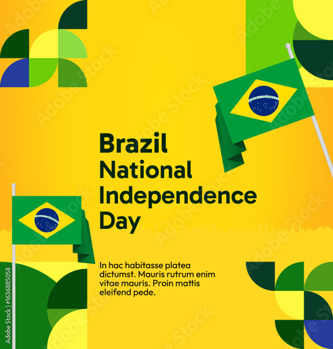 Brazil National Independence Day post template. Modern geometric abstract background in flag colors for Brazil Day, September 7th. Brazil Independence Day greeting card cover with flag and geometric