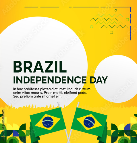 Brazil National Independence Day post template. Modern geometric abstract background in flag colors for Brazil Day, September 7th. Brazil Independence Day greeting card cover with flag and geometric