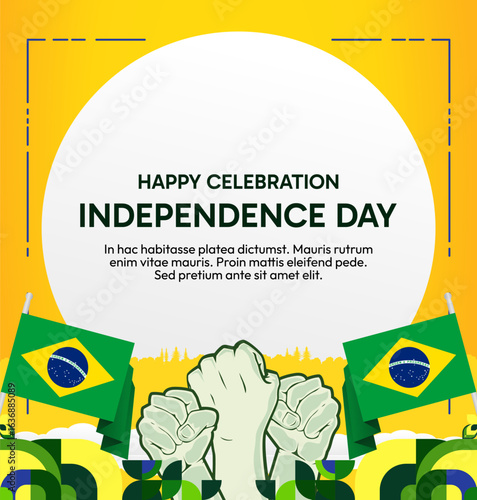 Brazil National Independence Day post template. Modern geometric abstract background in flag colors for Brazil Day, September 7th. Brazil Independence Day greeting card cover with flag and geometric