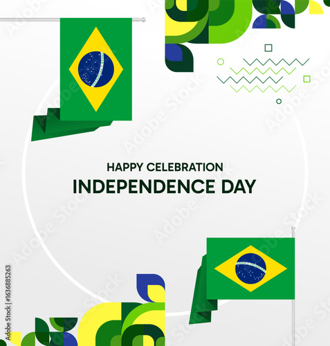 Brazil National Independence Day post template. Modern geometric abstract background in flag colors for Brazil Day, September 7th. Brazil Independence Day greeting card cover with flag and geometric