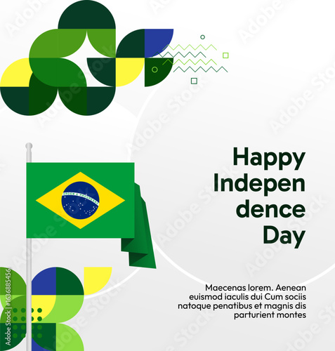 Brazil National Independence Day post template. Modern geometric abstract background in flag colors for Brazil Day, September 7th. Brazil Independence Day greeting card cover with flag and geometric