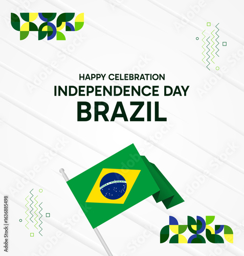 Brazil National Independence Day post template. Modern geometric abstract background in flag colors for Brazil Day, September 7th. Brazil Independence Day greeting card cover with flag and geometric