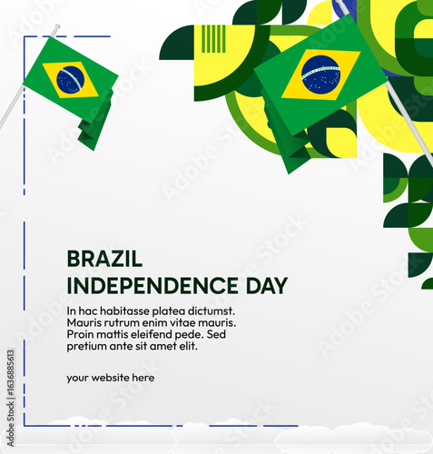 Brazil National Independence Day post template. Modern geometric abstract background in flag colors for Brazil Day, September 7th. Brazil Independence Day greeting card cover with flag and geometric