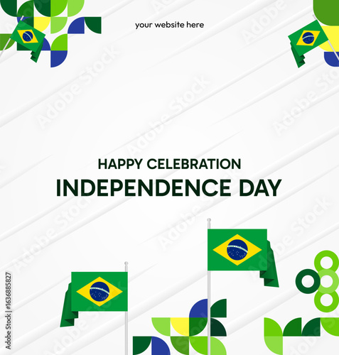 Brazil National Independence Day post template. Modern geometric abstract background in flag colors for Brazil Day, September 7th. Brazil Independence Day greeting card cover with flag and geometric