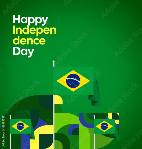 Brazil National Independence Day post template. Modern geometric abstract background in flag colors for Brazil Day, September 7th. Brazil Independence Day greeting card cover with flag and geometric