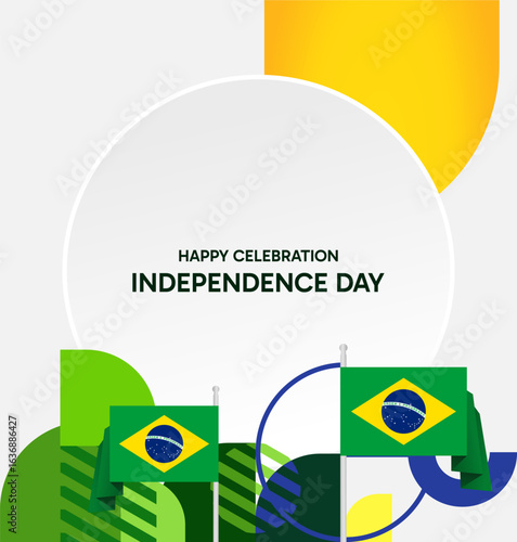 Brazil National Independence Day post template. Modern geometric abstract background in flag colors for Brazil Day, September 7th. Brazil Independence Day greeting card cover with flag and geometric