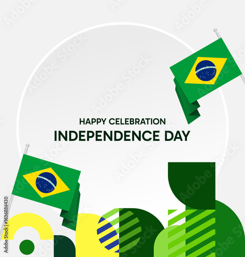 Brazil National Independence Day post template. Modern geometric abstract background in flag colors for Brazil Day, September 7th. Brazil Independence Day greeting card cover with flag and geometric