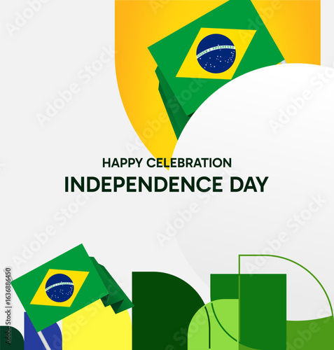 Brazil National Independence Day post template. Modern geometric abstract background in flag colors for Brazil Day, September 7th. Brazil Independence Day greeting card cover with flag and geometric