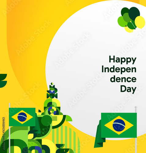 Brazil National Independence Day post template. Modern geometric abstract background in flag colors for Brazil Day, September 7th. Brazil Independence Day greeting card cover with flag and geometric