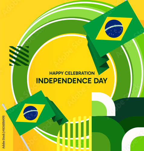 Brazil National Independence Day post template. Modern geometric abstract background in flag colors for Brazil Day, September 7th. Brazil Independence Day greeting card cover with flag and geometric